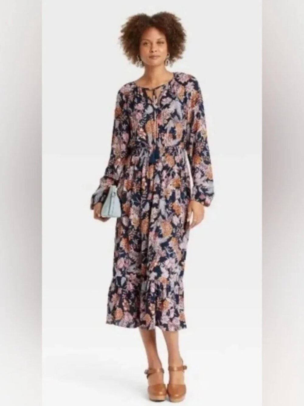 Knox Rose Navy Blue Floral Boho Midi Dress with tassels, medium